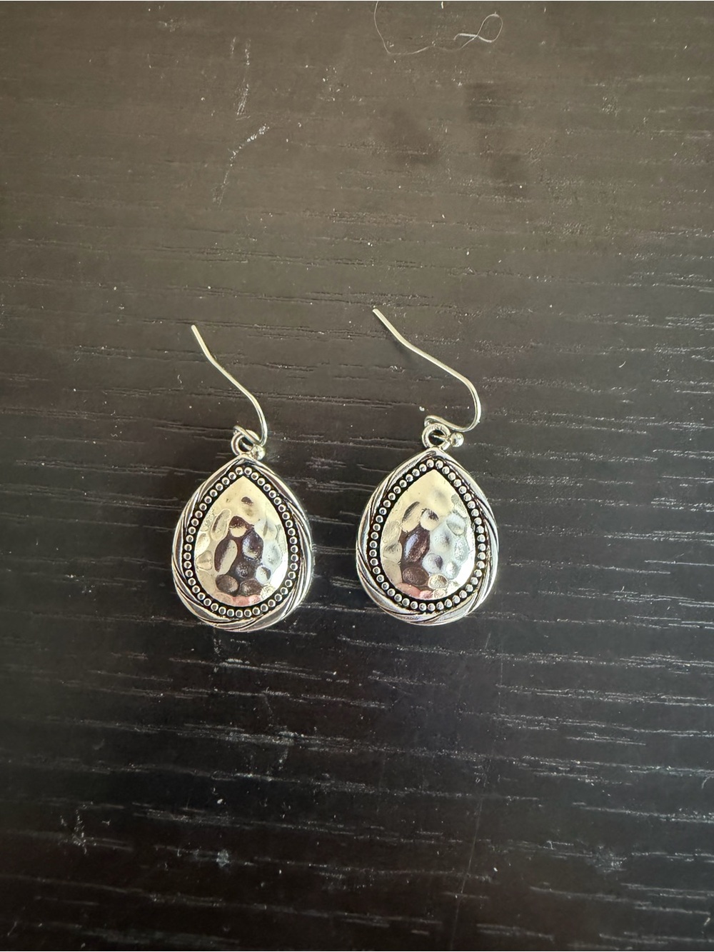 Silver-tone Teardrop Hammered Dangle Earrings